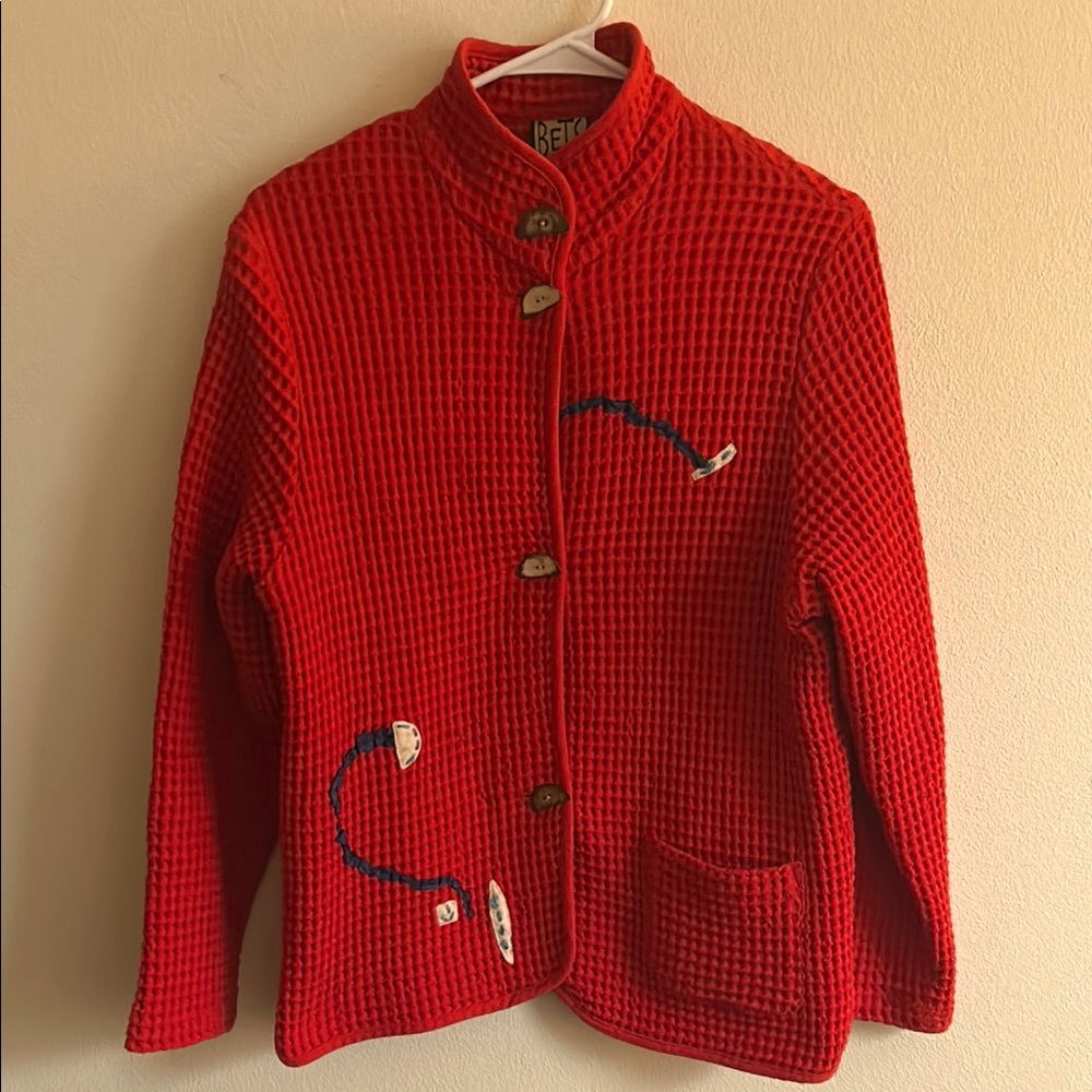 Bets by Canvasback Vintage Red Textured Jacket Blue Accents Unique Buttons ...M